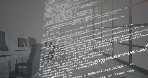 code overlay on empty modern office interior - Download Free Stock Images Pikwizard.com