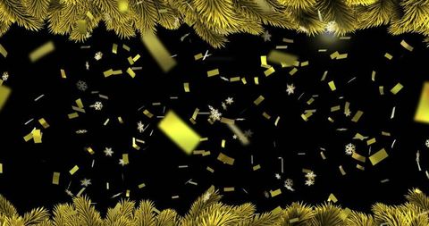 Luxurious golden pine frame with metallic gold confetti on dark background