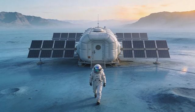 Astronaut Walking Across Icy Plain Toward Modular Habitat with Solar Panels at Sunrise