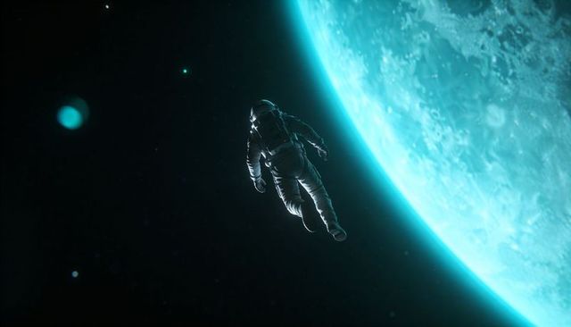 Solitary astronaut drifting near glowing cyan planet during spacewalk, rimlit microgravity