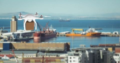 Drone Delivering Package Over Bustling Harbor