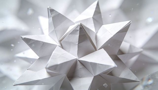 Shimmering Folded White Origami Star Sculpture with Geometric Facets and Soft Bokeh
