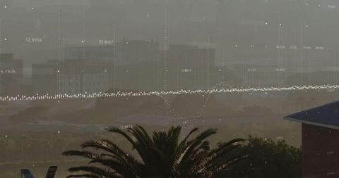 Serene Dawn Cityscape with Numerical Data Overlay