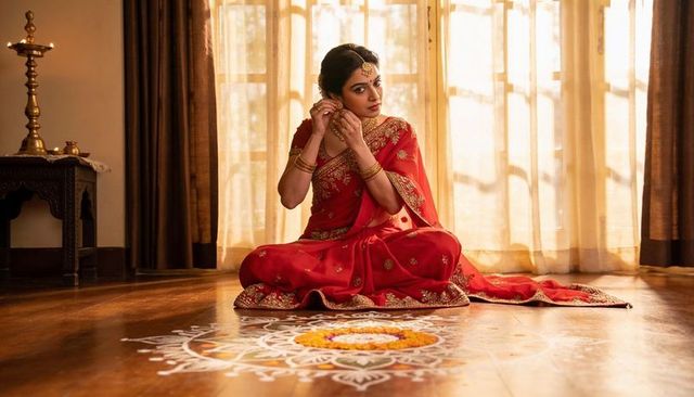 Indian bride adjusting earring in red sari with gold jewelry and rangoli on wooden floor