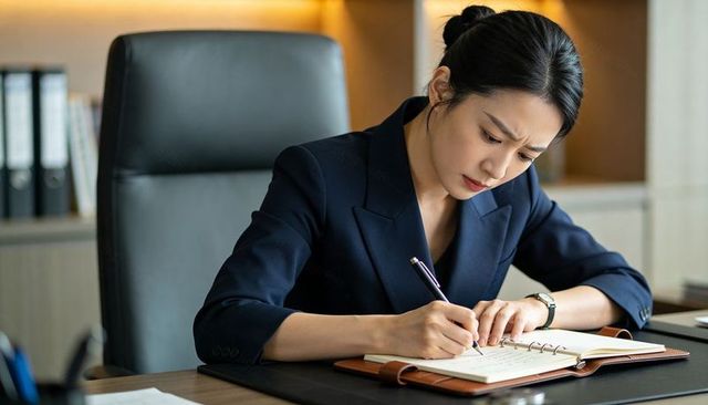 Focused asian businesswoman writing in leather planner at executive desk, corporate leadership