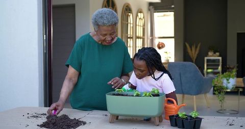 African grandmother teaching granddaughter planting indoor herb garden at home