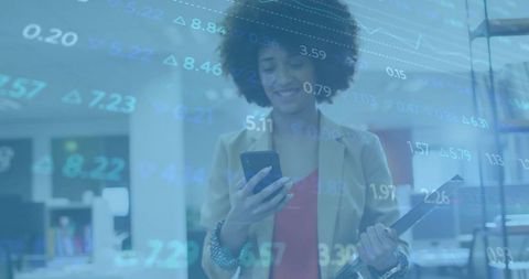 Professional Businesswoman Checking Smartphone with Technology Overlay