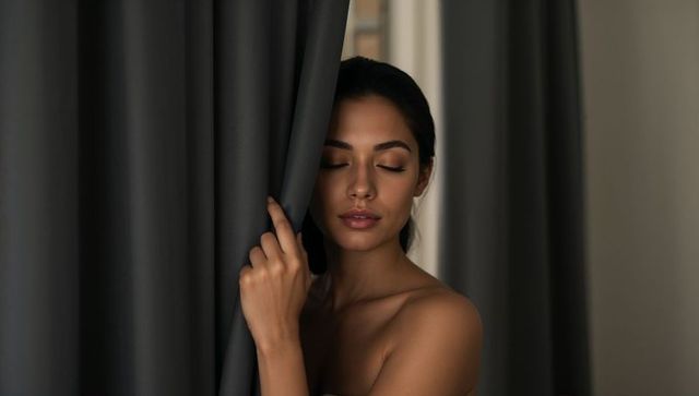 Woman Holding Curtain Edge, Closed Eyes, Intimate Moody Bedroom Portrait, Window Light