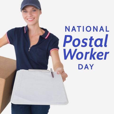 Smiling delivery woman celebrating national postal worker day
