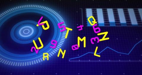 Neon Alphanumeric HUD Cluster Rotating Over Futuristic Grid Dashboard with Data Charts