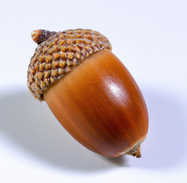 Close up of brown acorn laying on white backrgound. Acorn, nature and close up concept.