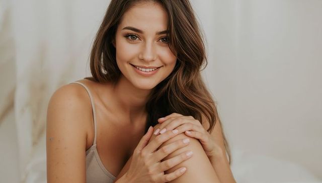 Smiling young woman in beige camisole holding knee close, natural soft studio portrait