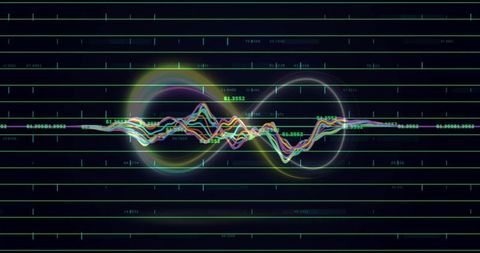 Neon Waveform Curves Amid Futuristic Data Grid Interface