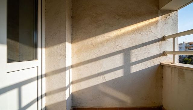 Warm sunlit balcony corner casting long diagonal railing shadows on weathered stucco wall