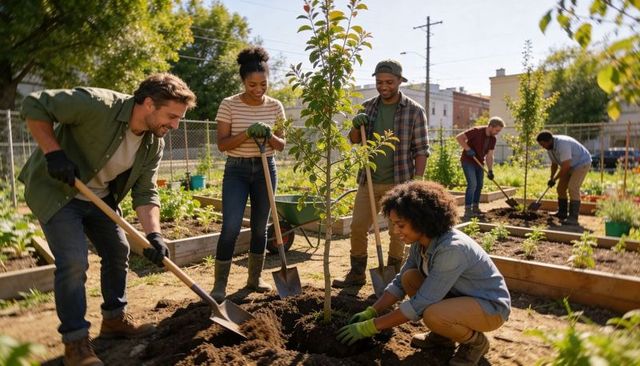 Urban volunteers planting tree in community garden celebrating teamwork and sustainability