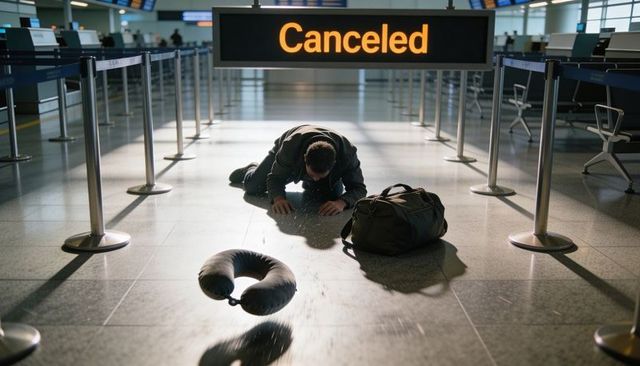 Male traveler kneeling beneath canceled sign in empty airport terminal with duffel bag