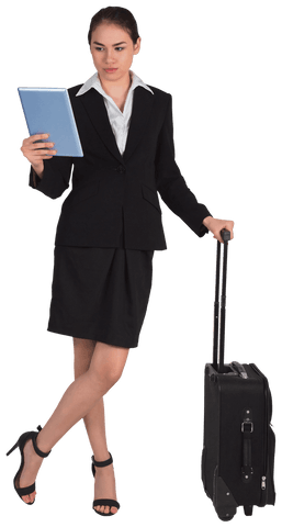 Transparent Businesswoman with Suitcase Holding Tablet for Professional Travel
