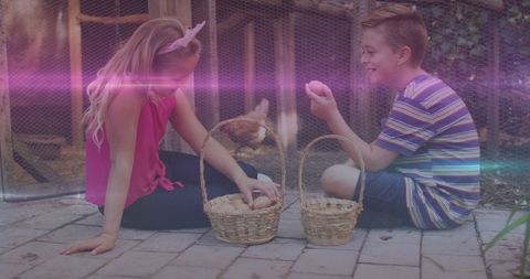 Sibling Bonding Moment on Farm Gathering Fresh Eggs