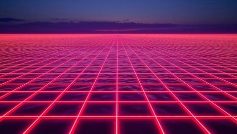Magenta neon grid reflecting ocean ripples toward horizon synthwave retrofuturism