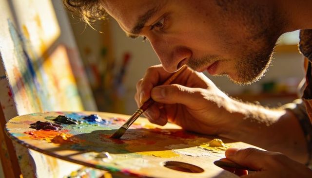 Focused artist mixing vivid oil paints on wooden palette, intimate studio close-up, warm light