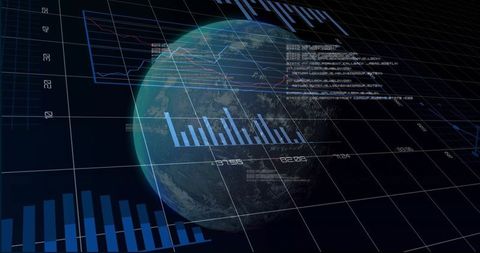 Earth Data Visualization Overlaying 3D Grid Dashboard with Bar Charts and Line Graphs
