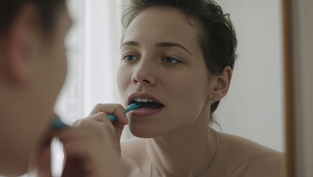 Brushing teeth at mirror young bare-shouldered woman holding teal toothbrush practicing self care