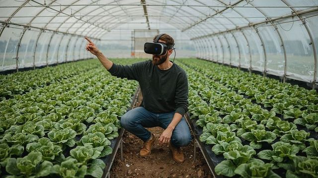 Man Using VR Headset in Greenhouse for Agricultural Innovation