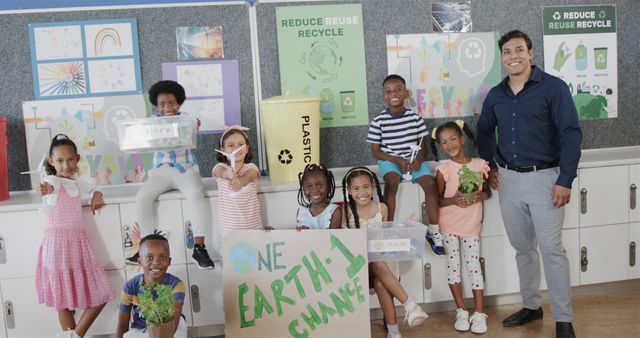 Happy Diverse Schoolchildren and Teacher Promoting Recycling in Classroom - Download Free Stock Images Pikwizard.com