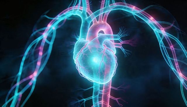 Glowing translucent human heart with neon arteries and veins, biomedical 3D visualization