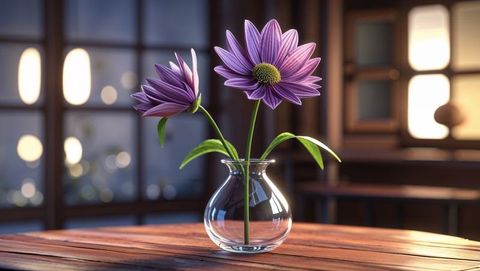 Glass Vase with Purple Daisies on Rustic Wooden Table