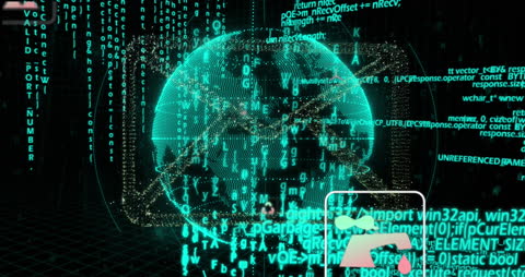 Dynamic illustration showcasing digital connectivity with a globe layered over programming code and binary sequences. Represents themes of global communication, data intricacies, and AI development. Suitable for technology websites, coding blogs, digital transformation, or presentations emphasizing global IT solutions and cybersecurity advancements.