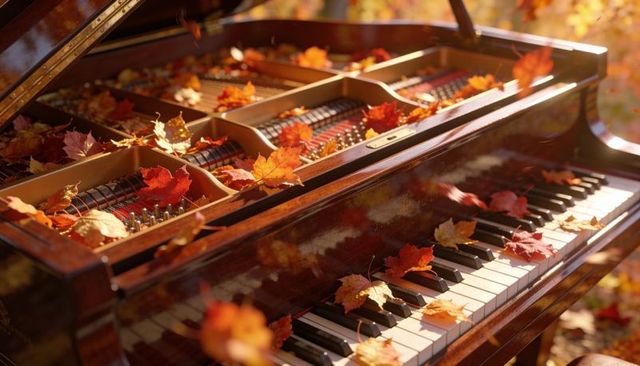 Autumn leaves scattering across polished grand piano keys under golden sunlight