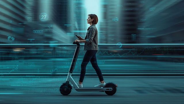 Urban Commuter on E-Scooter with Futuristic Digital Overlay