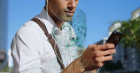 Man with Earphones Using Smartphone and Digital Overlay