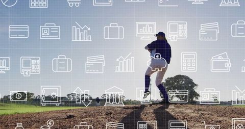 Baseball Pitching Swing with Overlaid Financial Icons in Outdoors Field