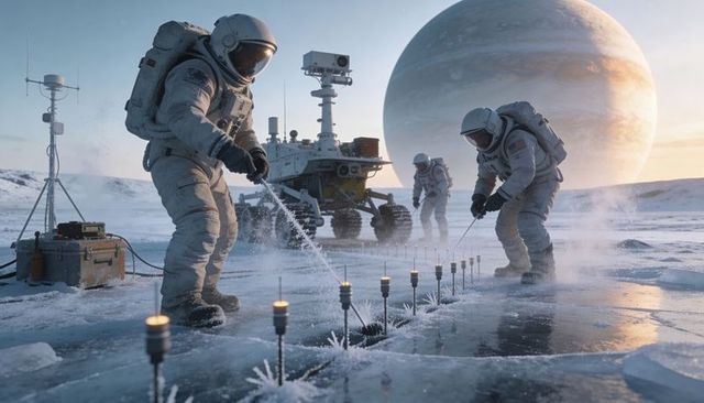 Astronauts Installing Sensor Array on Frozen Alien Plain Near Rover with Gas Giant Sky