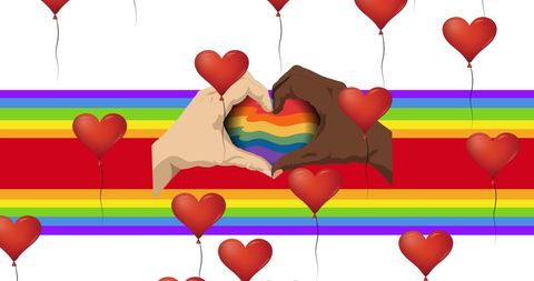 Diverse Hands Creating Heart with Rainbow Flag and Heart Balloons