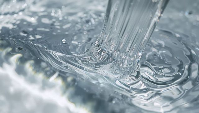 Crystal-clear water column pouring into rippling surface with prism refractions and glints