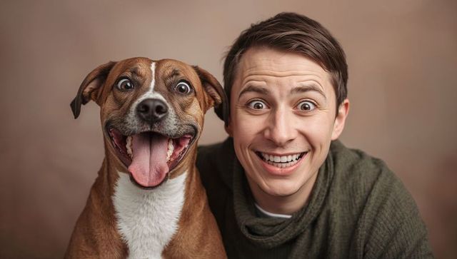 Joyful man and happy dog closeup portrait showing strong bond and playful companionship
