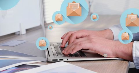 Professional Working on Digital Communications with Email Icons - Download Free Stock Images Pikwizard.com