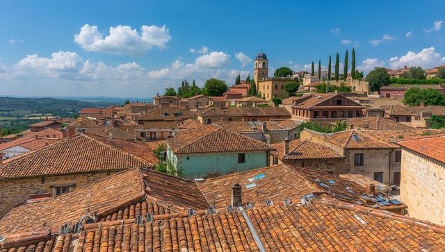 Sunlit mediterranean hillside rooftops featuring terracotta tiles, cypress and bell tower