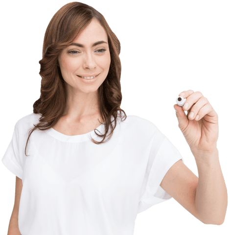 Businesswoman writing with marker in virtual interface, transparent background