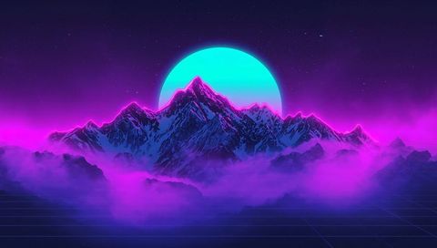 Neon vaporwave mountain range with glowing cyan moon, magenta rim lighting, retro grid