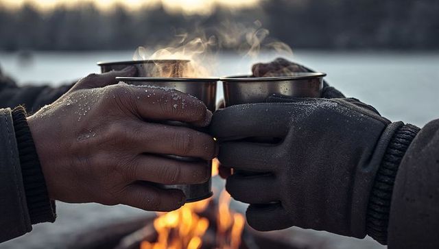 Frosty campfire toast: gloved hands clinking steaming metal cups by winter lakeshore