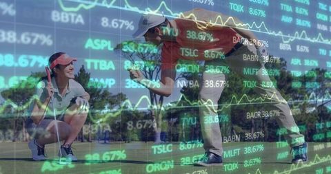 Golf Partners Fist Bumping with Stock Market Overlay Outdoors