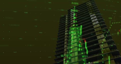 Futuristic finance display on urban skyscraper
