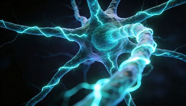 Glowing neuron transmitting electrical impulses along dendrites and wrapped axon