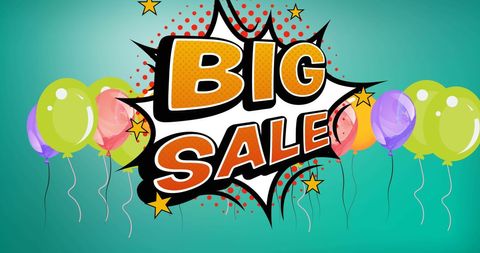 Big sale advertising with colorful balloons and retro design