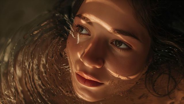 Glistening female face floating in bathtub water with warm light bands and ripples