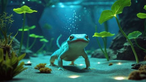 Aqua-hued frog amidst bioluminescent underwater scene
